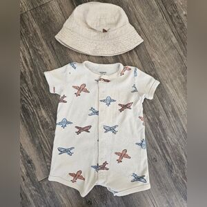 Gap Bucket Hat & Carters Airplanes Romper Tan/Beige Sz 12M